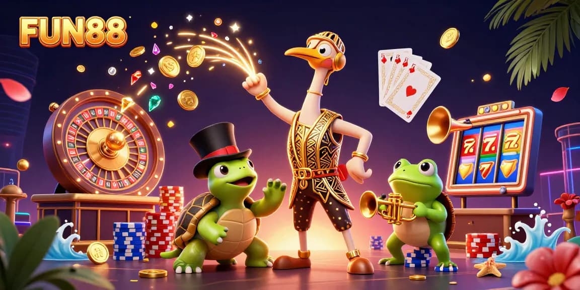 Experience thrilling FUN88 game action with vibrant characters amidst sparkling casino elements.