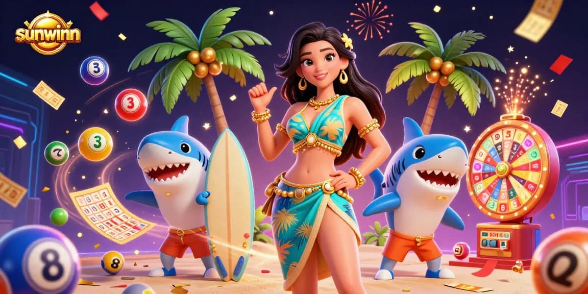 Engage with exciting gambling action at sunwinn, featuring dynamic lottery elements and a vibrant beach scene.