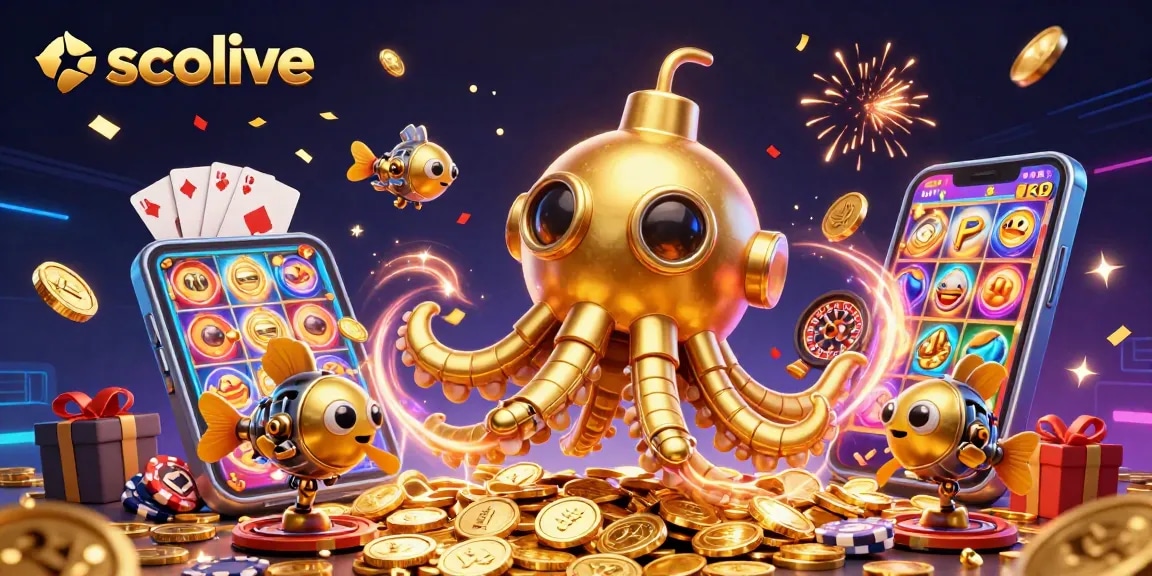 Socolive showcases a vibrant scene with a golden kraken submarine amidst a wealth of golden coins evoking excitement in gambling.