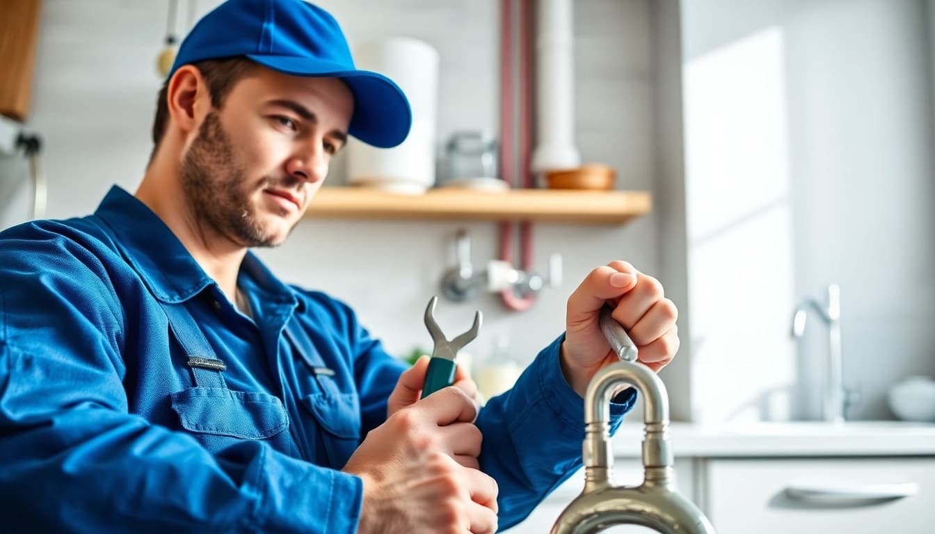 Find a reliable plumber near me fixing a sink with professional tools in a bright kitchen.
