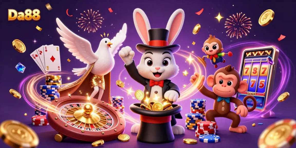 Spin the roulette wheel and win big with Da88, featuring magical casino characters.