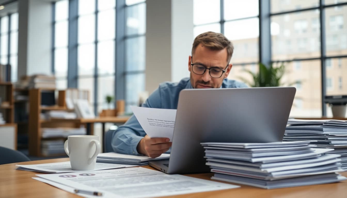 Visual representation of a professional reviewing Federal and State contracts in a modern workspace.