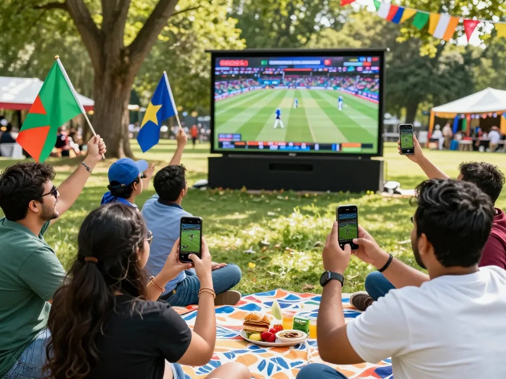 Fans enjoying cricket while using Crickex download on mobile devices in a sunny park setting.