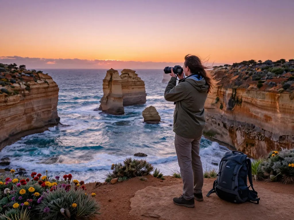 Stunning coastal vista in Australia during sunset with a traveler capturing the moment.