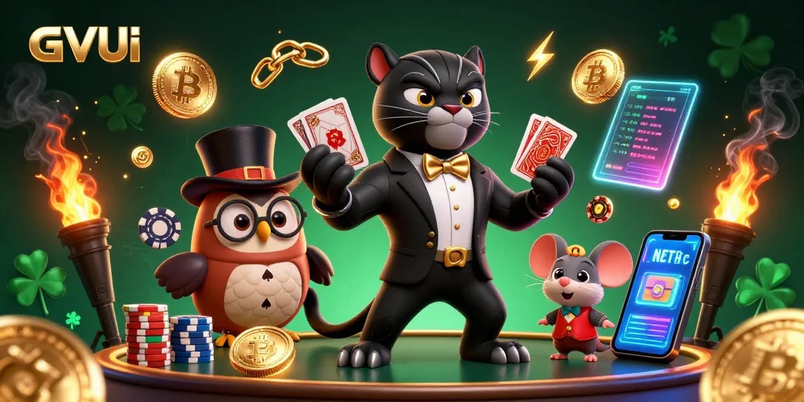 Experience thrilling gameplay at GVUI with a stylish panther dealer, surrounded by poker elements.