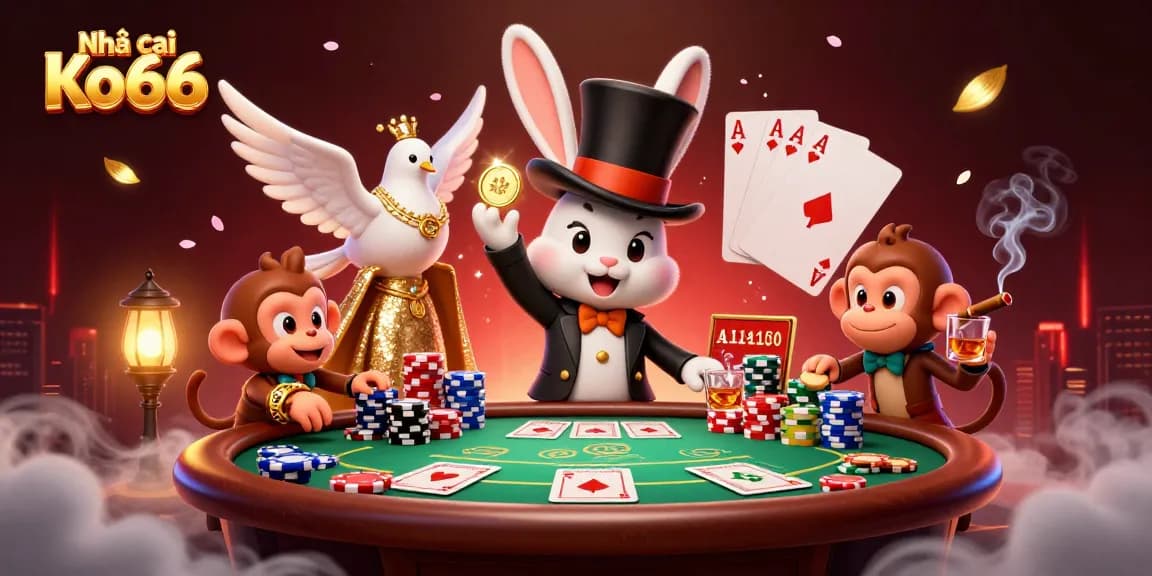 Experience action at Nhà cái Ko66 featuring a magical rabbit, poker chips, and striking casino elements.