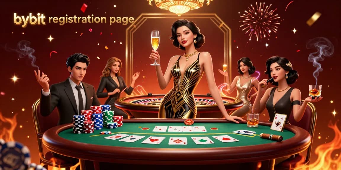 Experience the thrill of the bybit registration page with an elegant celebration scene featuring poker chips, cards, and glamour.