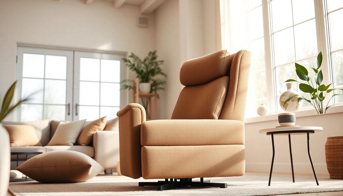 Lift chair positioned elegantly in a sunny living room, showcasing comfort and style.