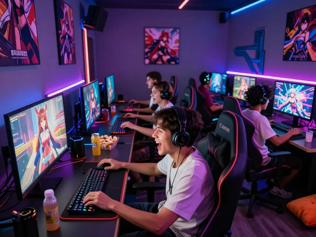 Gamers playing hentai games in a colorful gaming lounge filled with excitement and interactive elements.