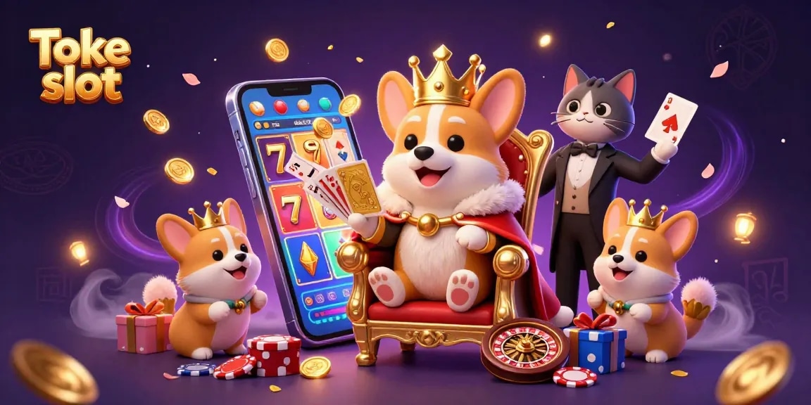 Toke slot platform showcases a royal corgi, cat butler, and dynamic game elements in a vibrant casino setting.