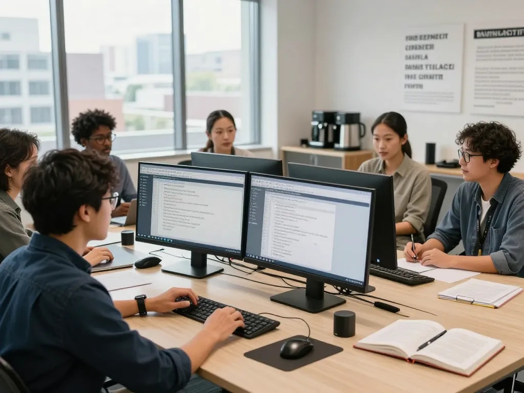 多语言专业人士在现代办公室中使用有道词典进行实时翻译。