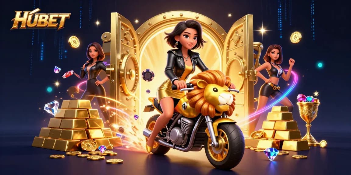Spin to win at HUBET with a glamorous scene showcasing a stylish woman and golden treasures galore.