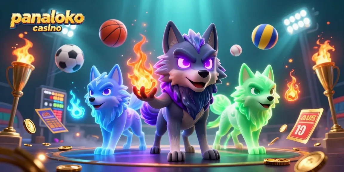 Engage with panaloko casino while surrounded by a dynamic 3D scene of sports balls and ghostly wolf characters.