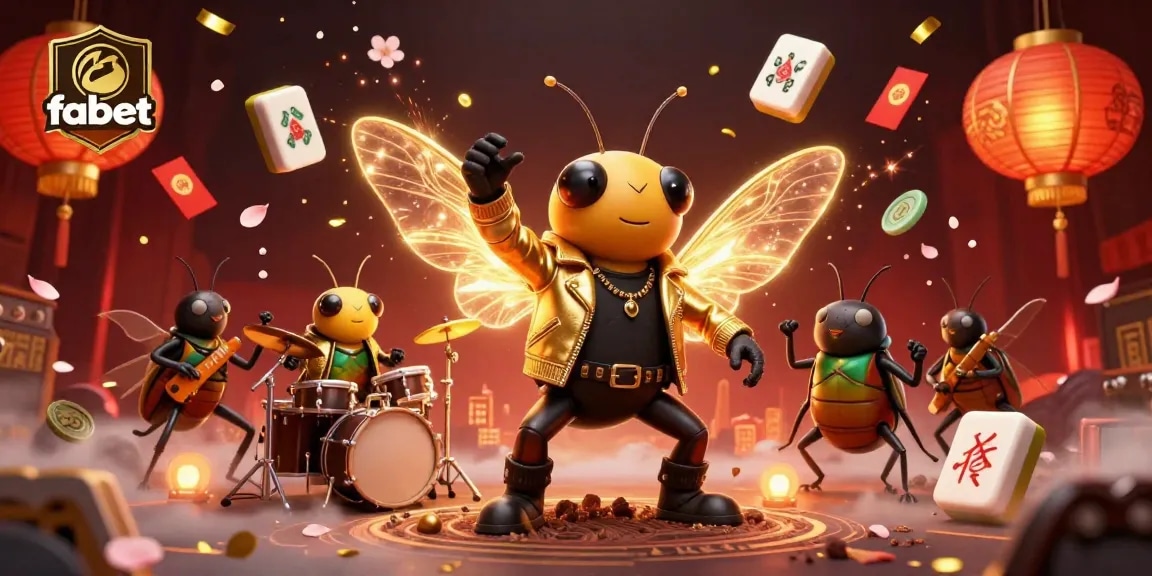 Experience fabet's thrilling atmosphere with a cartoon cicada rock star and vibrant gaming elements.