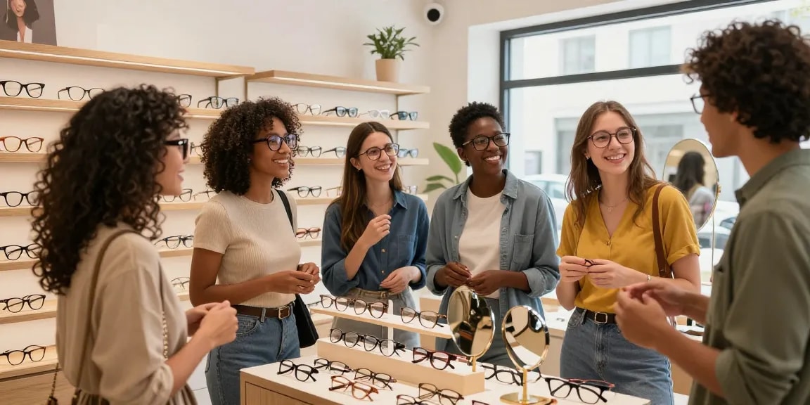 Fashionable group exploring óculos de grau options in a trendy boutique, showcasing unique styles and vibrant atmosphere.