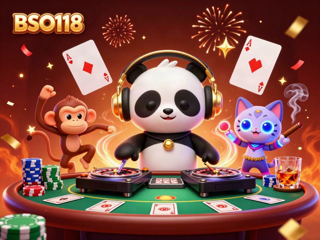 Experience vibrant gameplay action with the playful BSO118 characters enjoying a lively casino atmosphere.