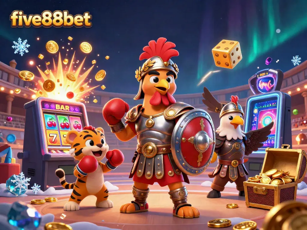 Experience the thrill of five88bet with a vibrant 3D illustration featuring games and jackpots.