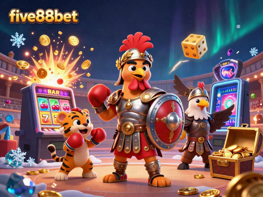 Experience the thrill of five88bet with a vibrant 3D illustration featuring games and jackpots.