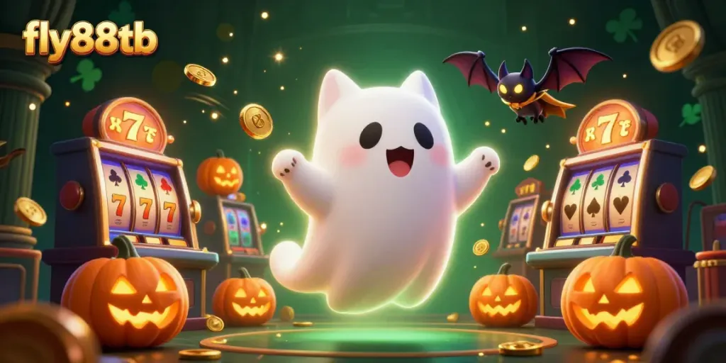 Experience thrilling slots at fly88tb with a ghost cat and bat in a luxurious casino.