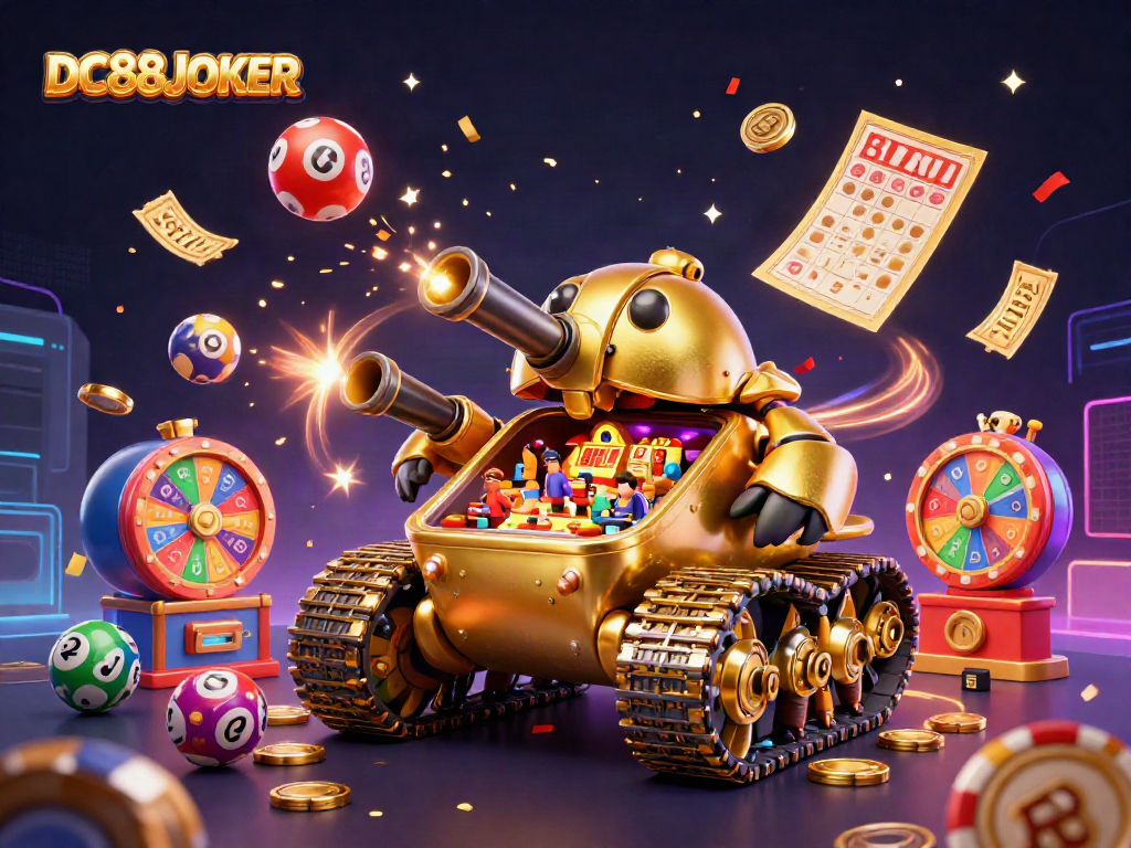 Experience the excitement of DC88JOKER with a vibrant casino scene featuring unique games and celebratory elements.