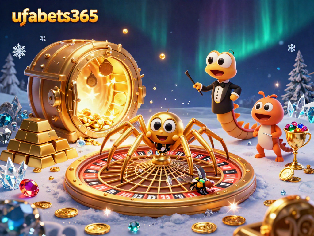 Engage with ufabets365's thrilling casino atmosphere featuring a spider and fly in a roulette web.