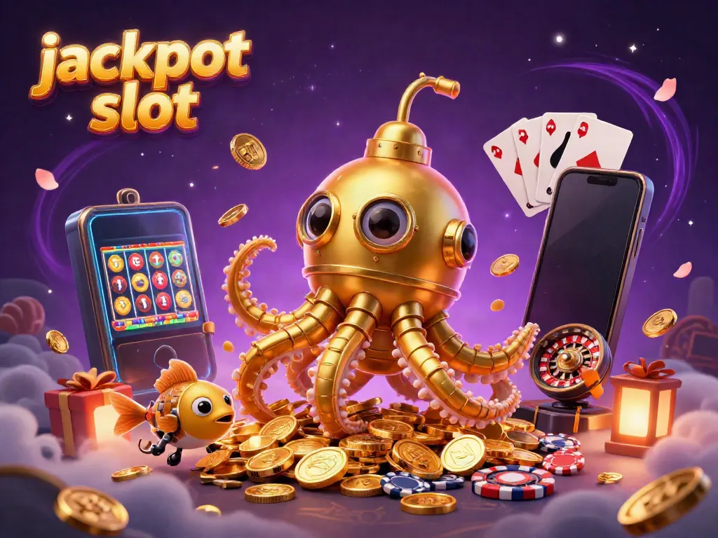 Join the excitement with jackpot slot, featuring a golden kraken submarine amid coins and exciting game elements.
