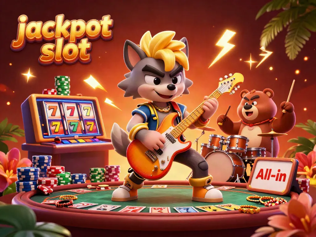 Experience the thrill of jackpot slot action as a rock star wolf shreds on a golden guitar amidst vibrant casino elements.