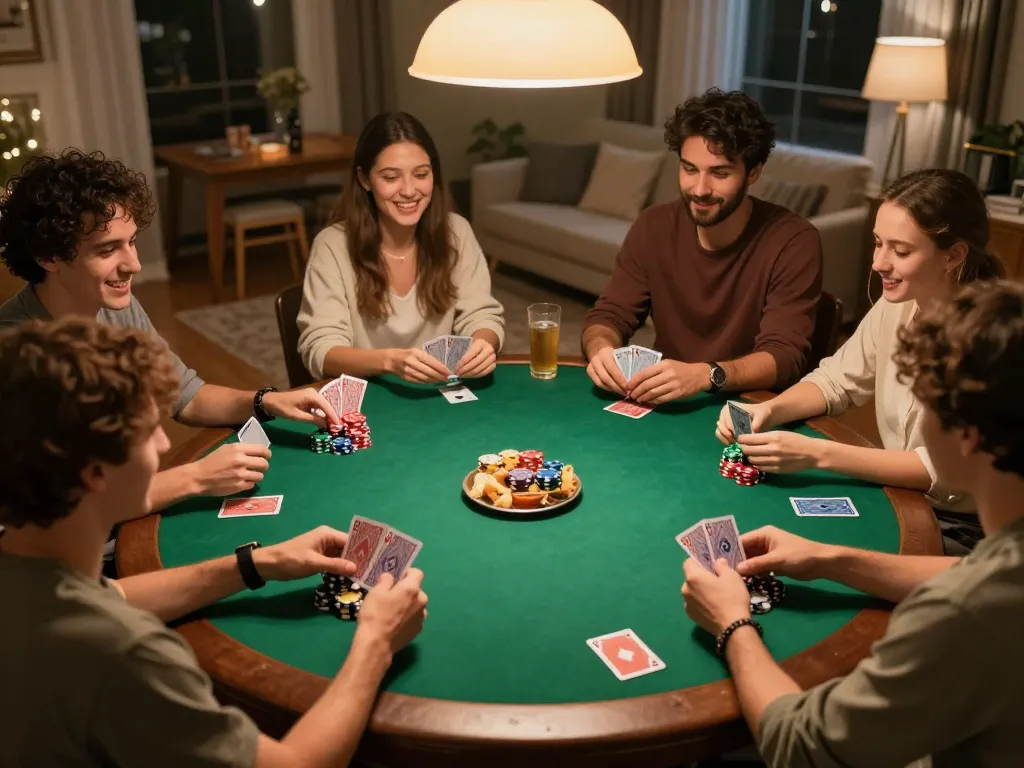 Engaged players enjoying poker night with vip66 cards and chips on table