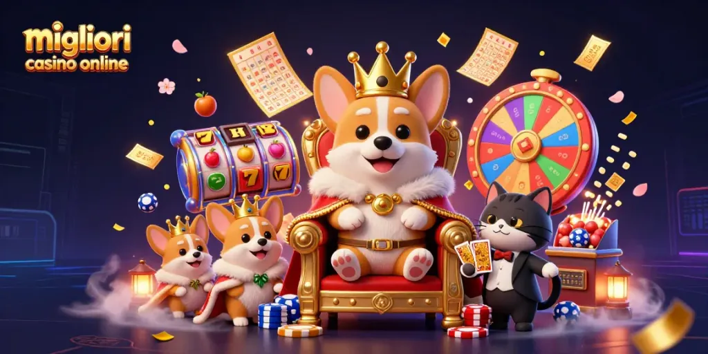 Scopri i migliori casino online con il corgi reale e i suoi aiutanti, circondati da simboli di gioco e fortuna.
