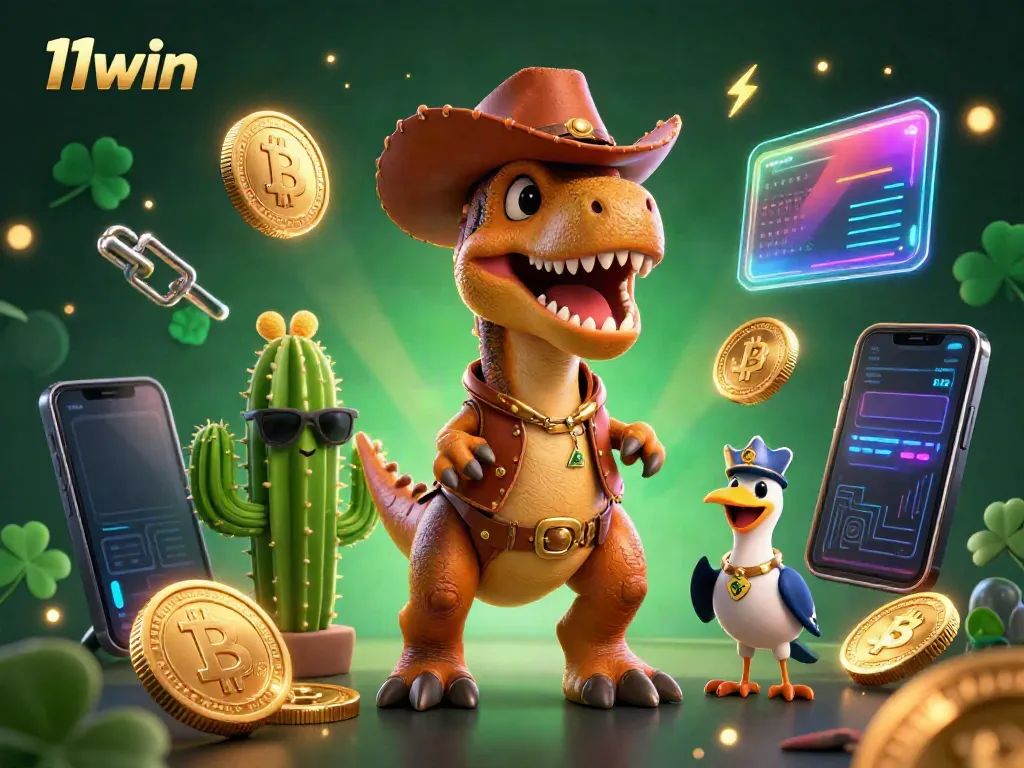 Engage with 11win's thrilling casino adventure alongside a T-Rex and friends, featuring crypto elements and vibrant visuals.