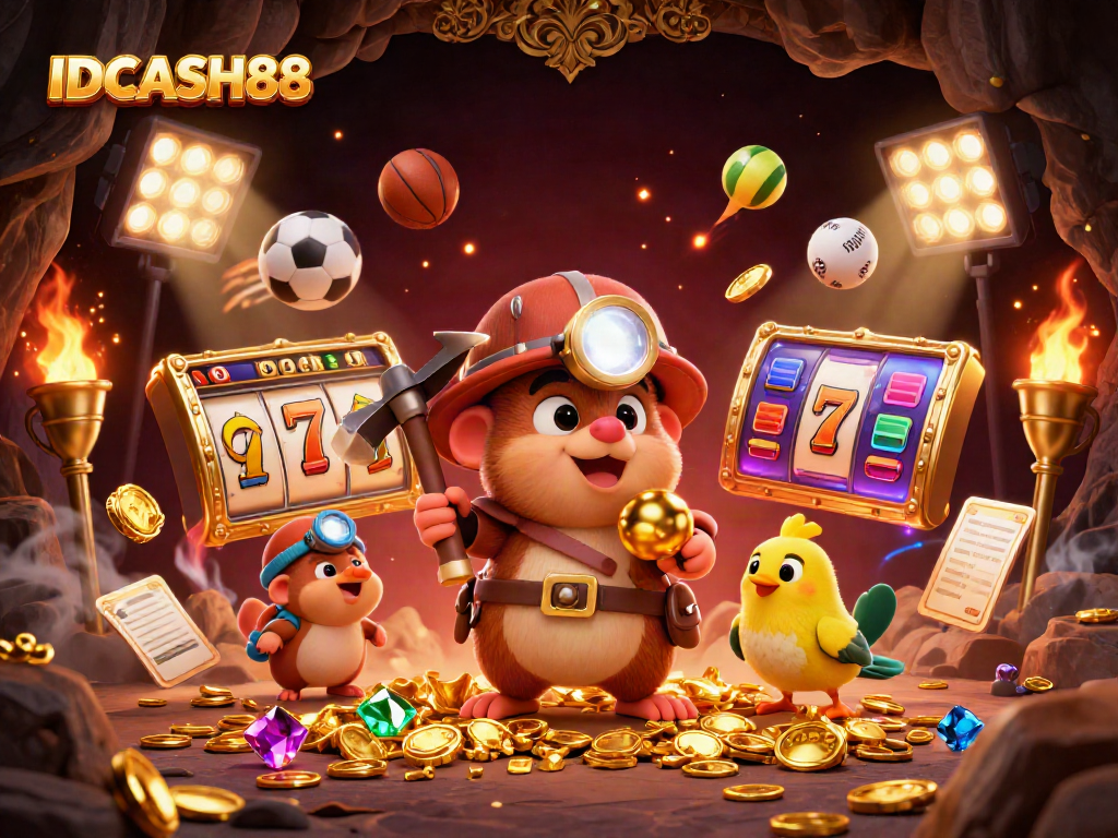 Engaging illustration of IDCASH88, featuring a treasure hunter mole and canary amid golden mining scenes, with slot game elements sprinkled around.