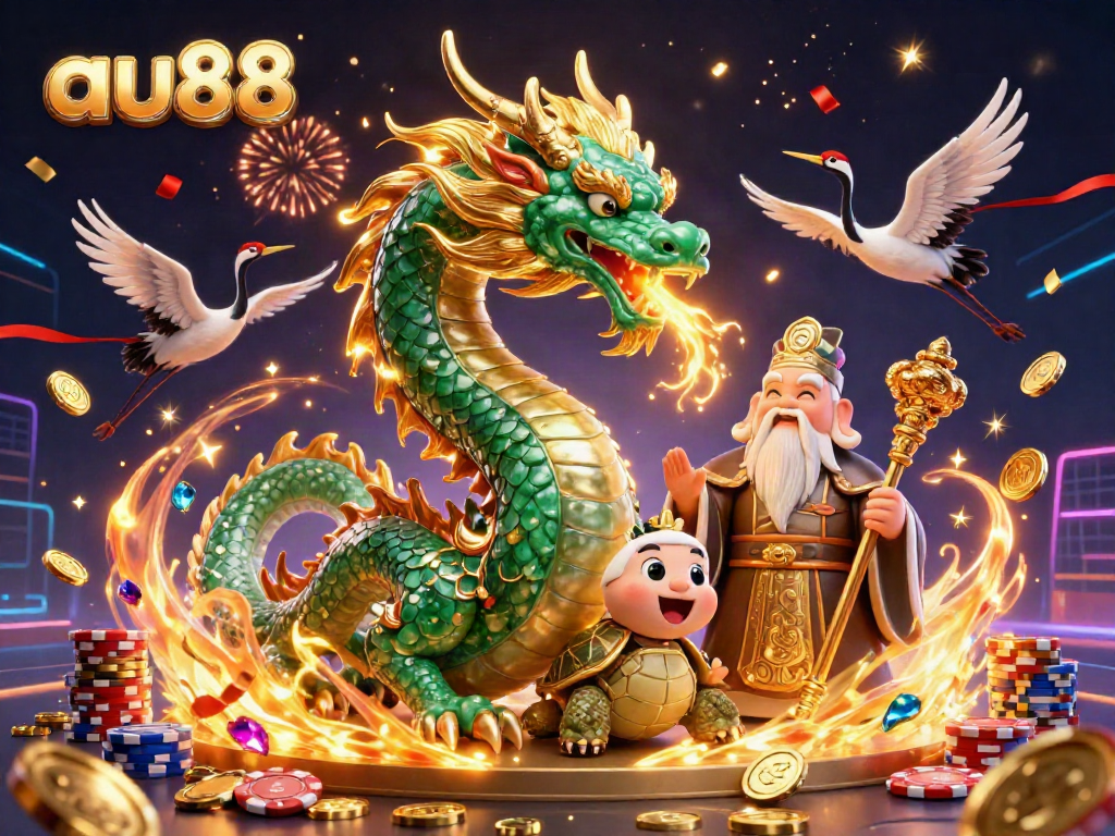 Experience thrilling excitement at au88 with a vibrant 3D scene featuring a jade dragon and exciting casino elements.
