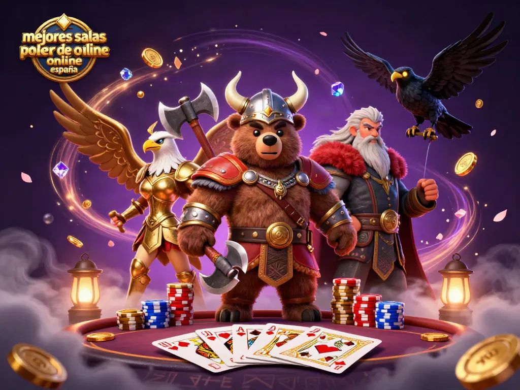 Mejores salas de poker online España, escena vibrante con personajes y elementos de juego en acción.
