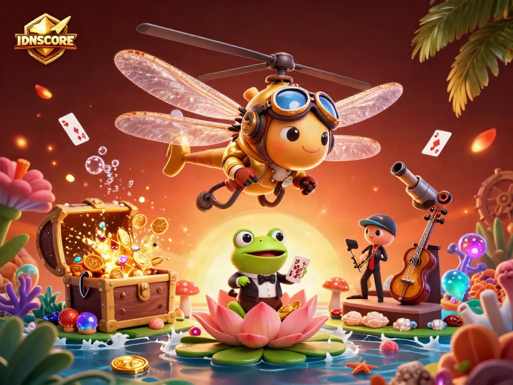 Engage in thrilling betting experiences with IDNSCORE at the vibrant lily pad casino, brought to life with dynamic characters.