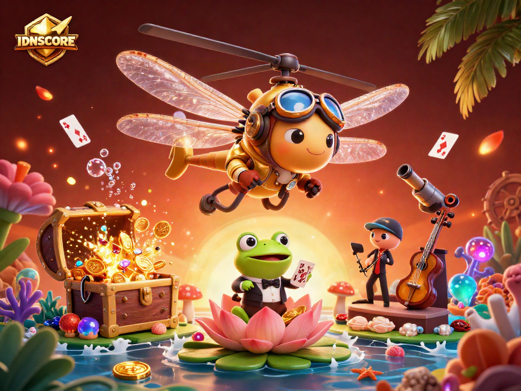 Engage in thrilling betting experiences with IDNSCORE at the vibrant lily pad casino, brought to life with dynamic characters.