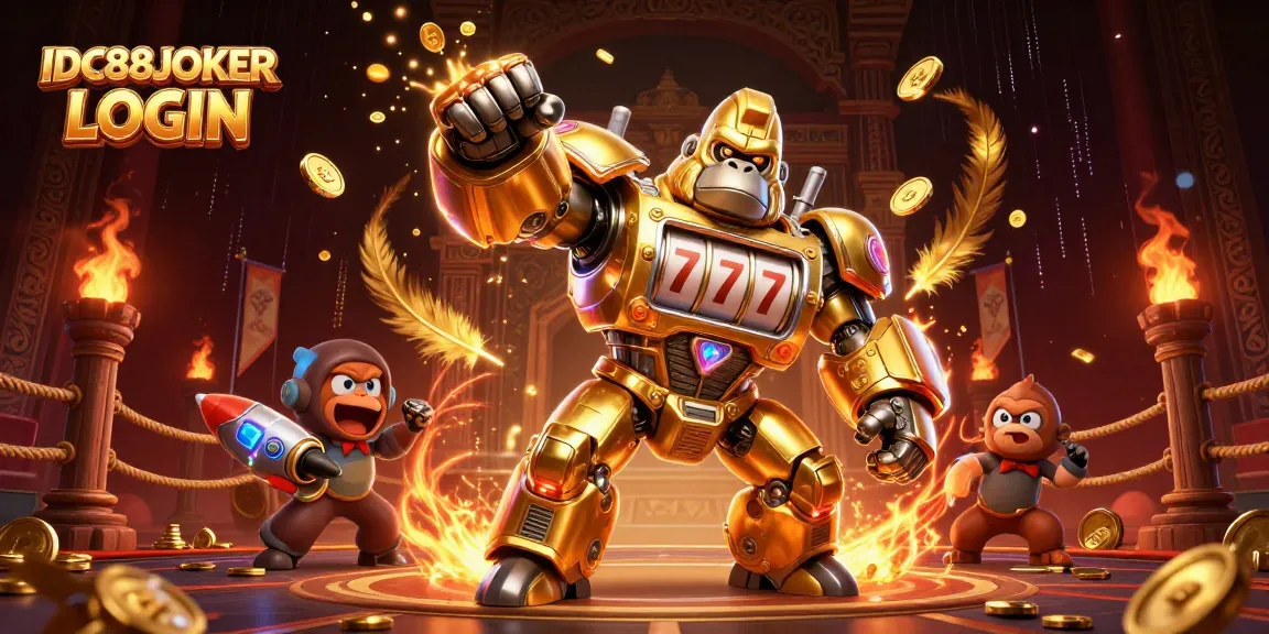 Play with excitement in IDC88JOKER LOGIN, features a dynamic golden gorilla mech and thrilling game elements.