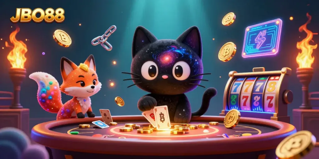 Experience the thrilling world of JBO88 with a cartoon galaxy cat luring in winnings at a cosmic casino.