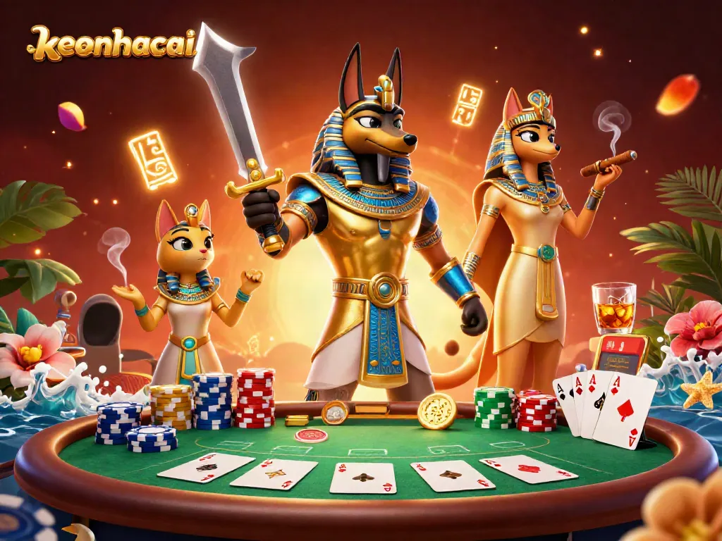 Experience keonhacai gaming with Anubis and Bastet at an intense poker table.