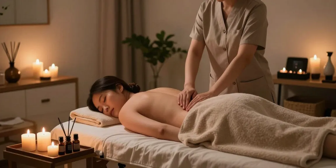 Client receiving 마포출장안마 in a tranquil salon with soothing candles and warm atmosphere.