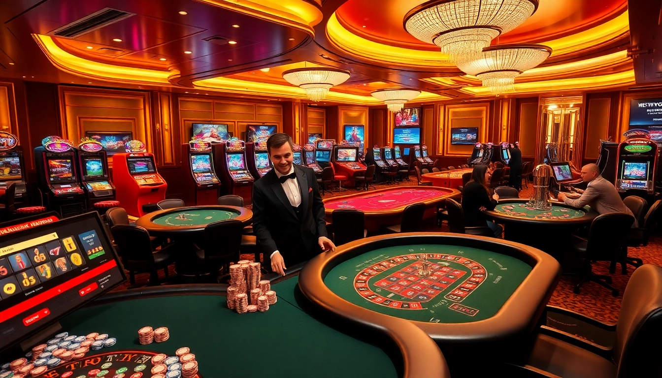 Exciting casino scene at UU88 featuring vibrant slot machines and poker tables.