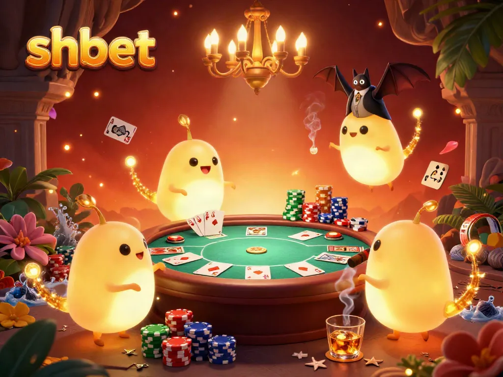 Experience shbet in an ultra-detailed 3D casino scene filled with vibrant glowworms and poker elements.
