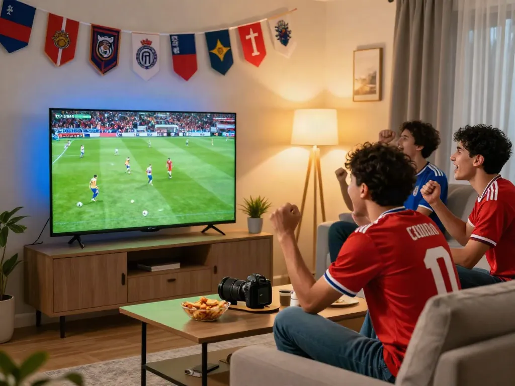 Football fans enjoying live streaming at https://socolive8.media/ with snacks and memorabilia, creating excitement and camaraderie.