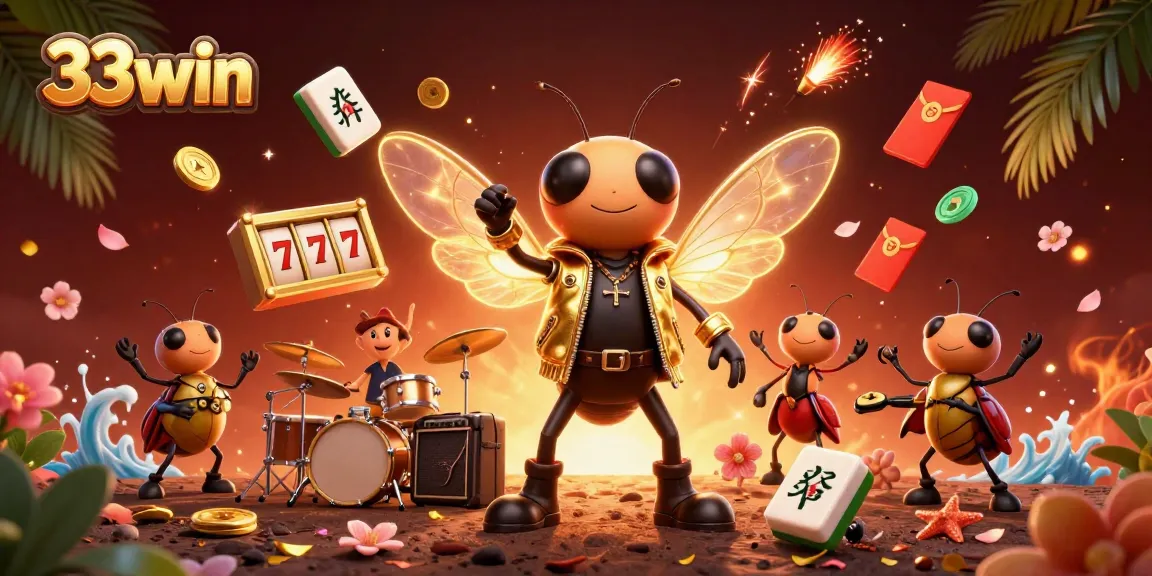 Experience thrilling casino action with 33win's rock star scene featuring gaming elements like slot reels!