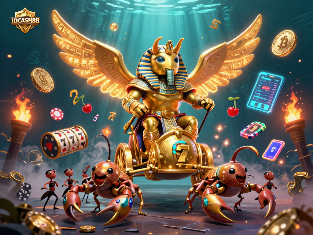 Engage with thrilling gameplay at IDCASH88 featuring a glorious golden beetle illustration and dynamic casino elements.