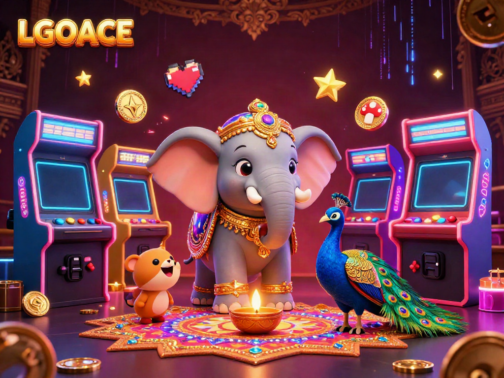 Engage with LGOACE's vibrant gaming world featuring an elephant, peacock, and dynamic gaming elements