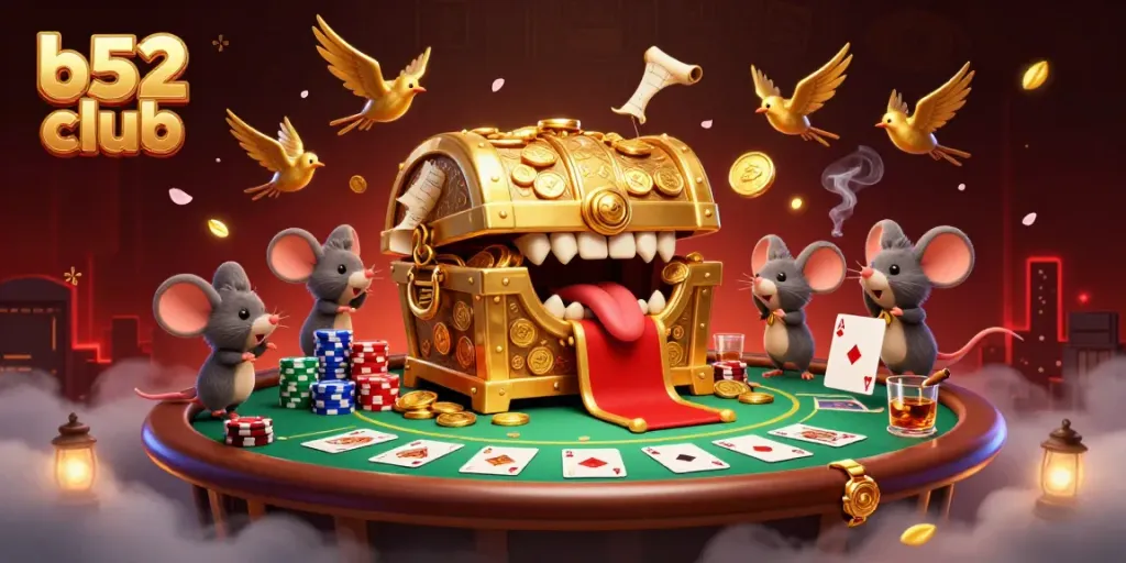 B52 Club showcases a vibrant 3D treasure chest enticing players with poker excitement and rewards.