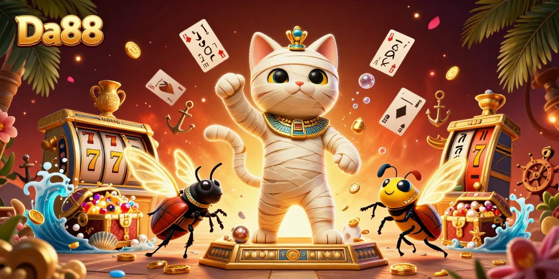 Engage in thrilling action with Da88's lively 3D cat and golden treasures in an exciting casino scene.