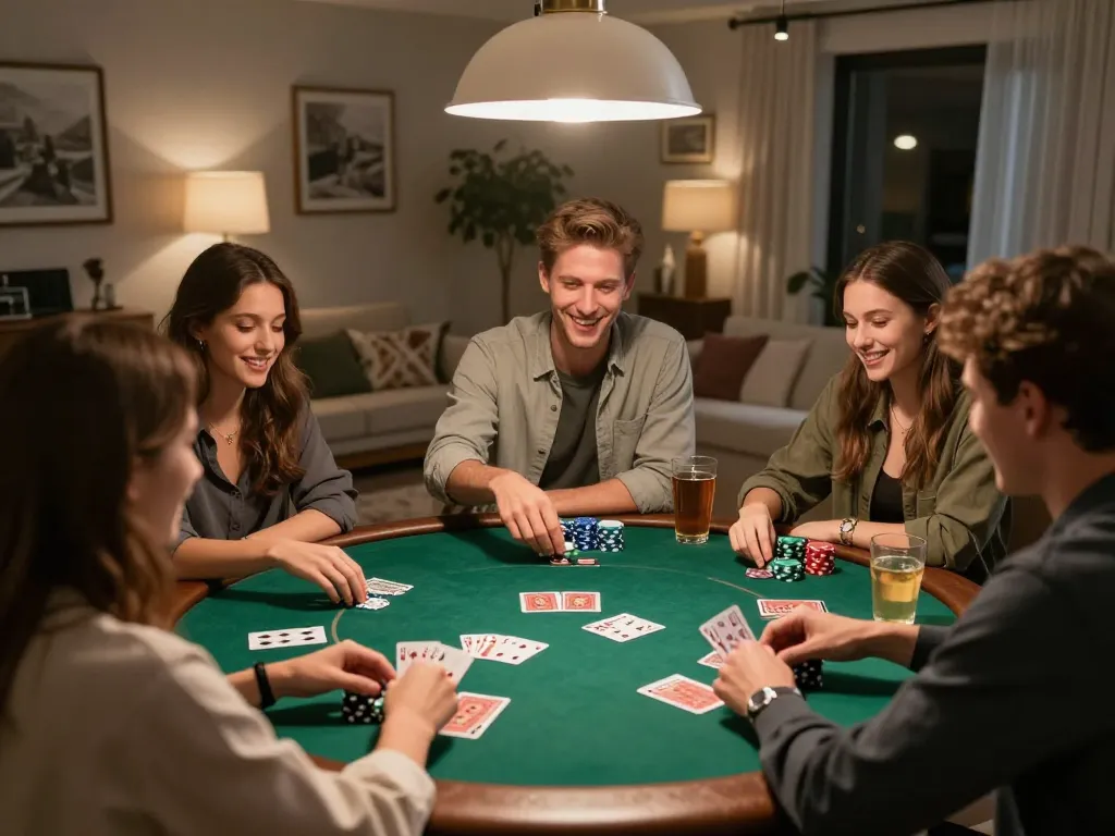Friends enjoying an exciting poker night at home with SC88, showcasing strategy and camaraderie.