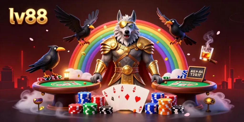 Engage in thrilling poker at lv88 with Odin and his ravens on a vibrant casino chip bridge