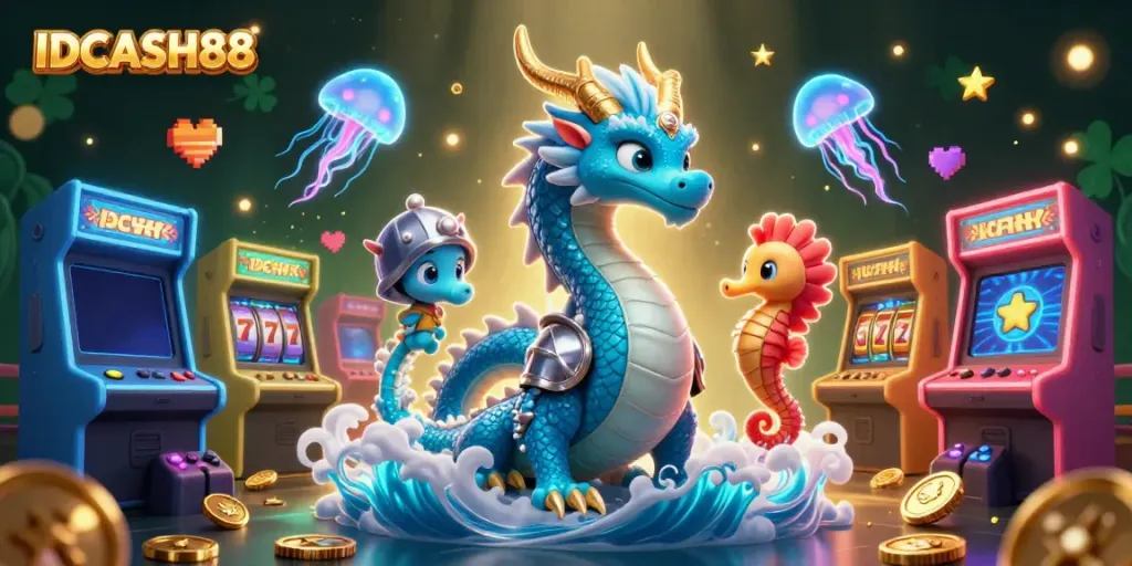 Experience the thrill of IDCASH88 with an enchanting 3D illustration of a water dragon and seahorse knight amidst casino elements.